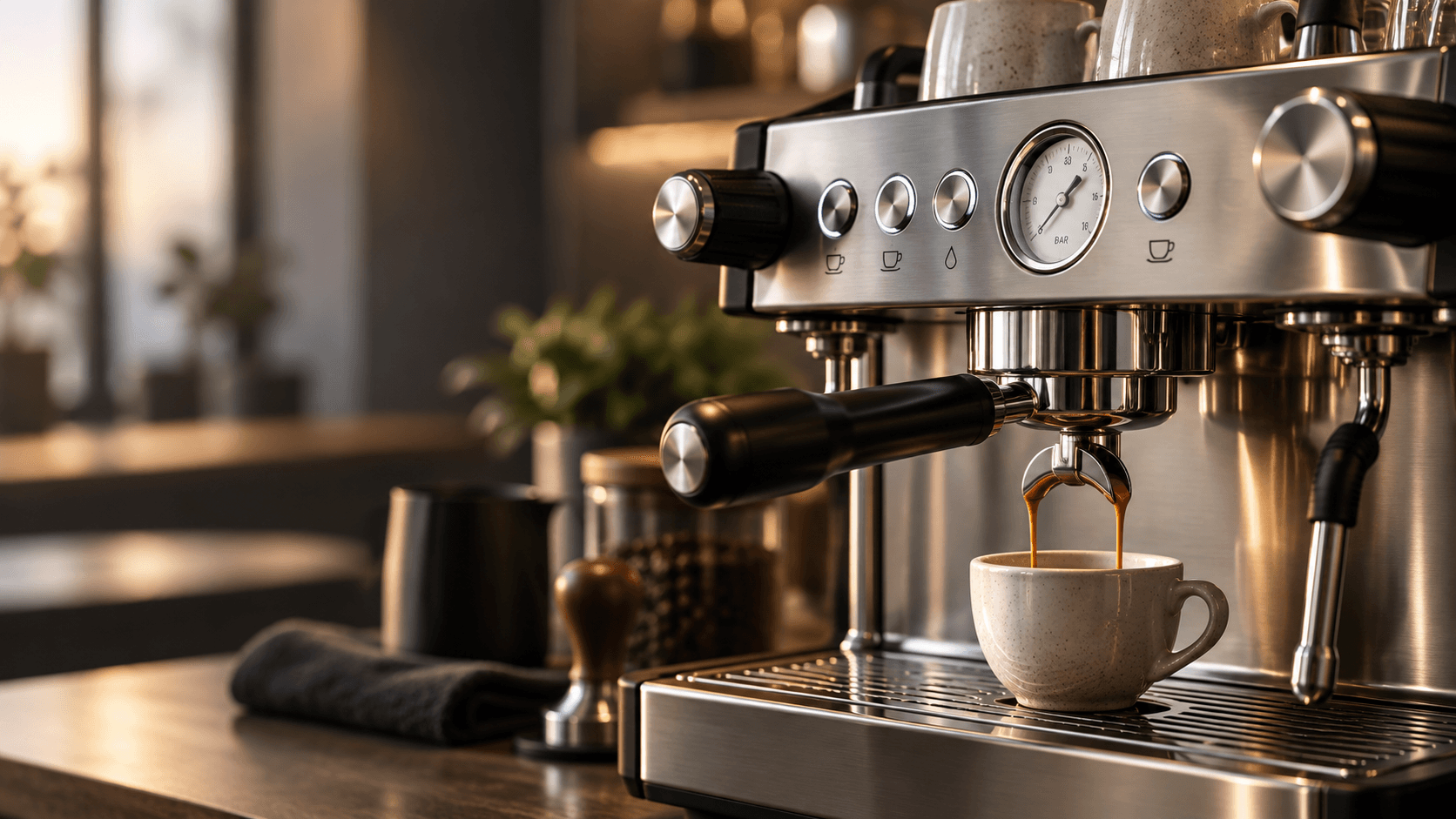 Premium espresso machine representing the equipment record at the centre of Corexa